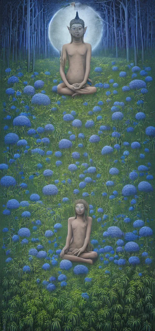 Prompt: painterly dreamy Kupala Night in the blue forest with trees, giant eyes in the grass, giant flowers, glowing owls, deers, women, lianas, thistles, giant fantasy creatures, a stream and sky with moon and stars, Buddha in the center of the forest, by Beksinski, Alex Grey, Aron Wiesenfeld and Giger dark fantasy, witcher, very detailed oil painting in the alla prima style, masterpiece, 8k