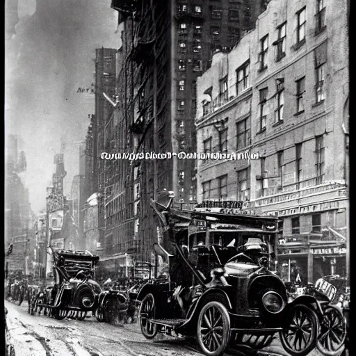 Image similar to old black and white photo, 1 9 1 3, depicting a biomechanical alien war machine rampaging through the bustling streets of new york city, historical record