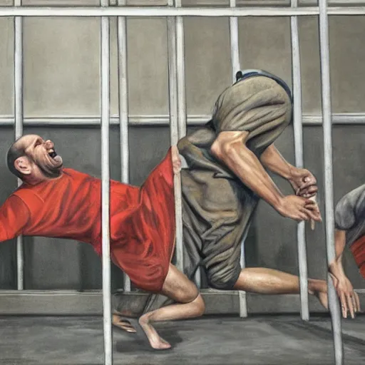 Image similar to hyperrealism painting of prisoners trying to escape prison while guards are distracted