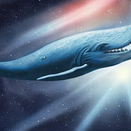 Prompt: blue whale swimming through an asteroid field, photorealistic