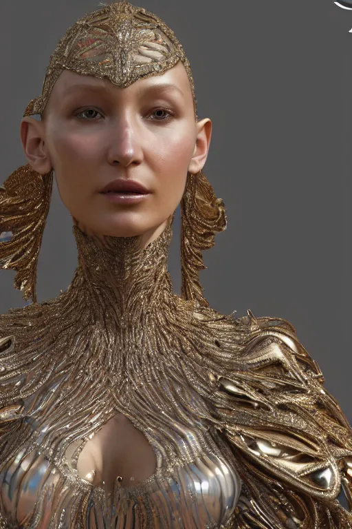 Image similar to a highly detailed metahuman 4 k render close up of an alien goddess bella hadid angel in iris van herpen dress schiaparelli in diamonds swarovski and jewelry in style of alphonse mucha trending on artstation made in unreal engine 4