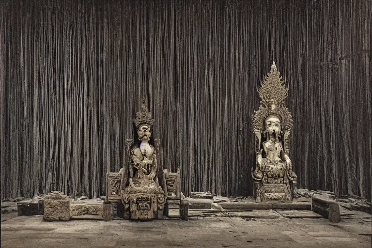 Prompt: a ghostly vampire queen sitting on a wooden throne in the abandoned buddhist temple, omnious, eerie, magnificent, wow, intricate, analog photo, by nicola samori, by ryoji ikeda