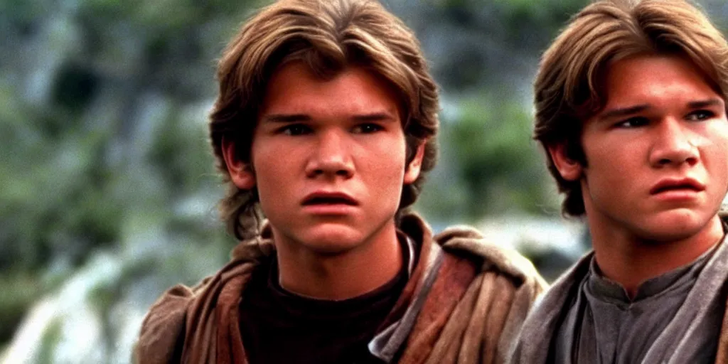 Prompt: A full color still from a film of a teenage Han Solo as a Jedi padawan, from The Phantom Menace, directed by Steven Spielberg, 35mm 1990