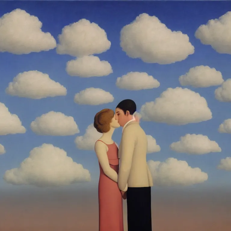 Image similar to porait of faceless woman and faceless man kissing, clouds in the background, by rene magritte, detailed painting, distance, centered, hd, hq, high resolution, high detail, 4 k, 8 k