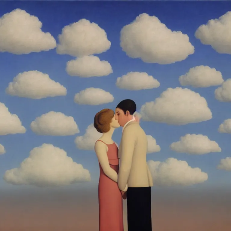 Prompt: porait of faceless woman and faceless man kissing, clouds in the background, by rene magritte, detailed painting, distance, centered, hd, hq, high resolution, high detail, 4 k, 8 k