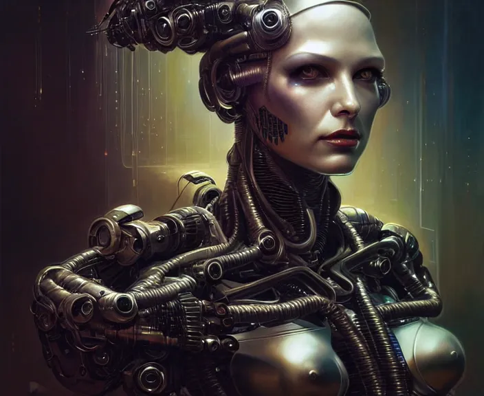 Prompt: portrait shot of a cyberpunk robot woman, dark background, intricate, elegant, highly detailed, centered, digital painting, artstation, concept art, smooth, sharp focus, illustration, artgerm, tomasz alen kopera, peter mohrbacher, donato giancola, joseph christian leyendecker, wlop, boris vallejo