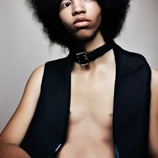 Prompt: realistic photoshooting for a new balenciaga lookbook color film photography portrait of a beautiful woman model wearing a black harness blazer, photo in style of tyler mitchell