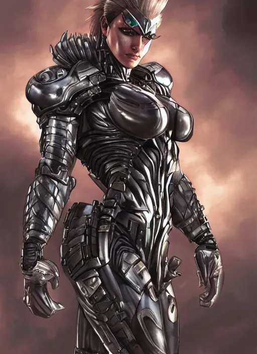 Image similar to very muscled Amazon jetstream sam from metal gear rising as a ruggedly mean looking heroine, intricate, elegant, highly detailed, centered, digital painting, artstation, concept art, smooth, sharp focus, illustration, art by artgerm and donato giancola and Joseph Christian Leyendecker, WLOP