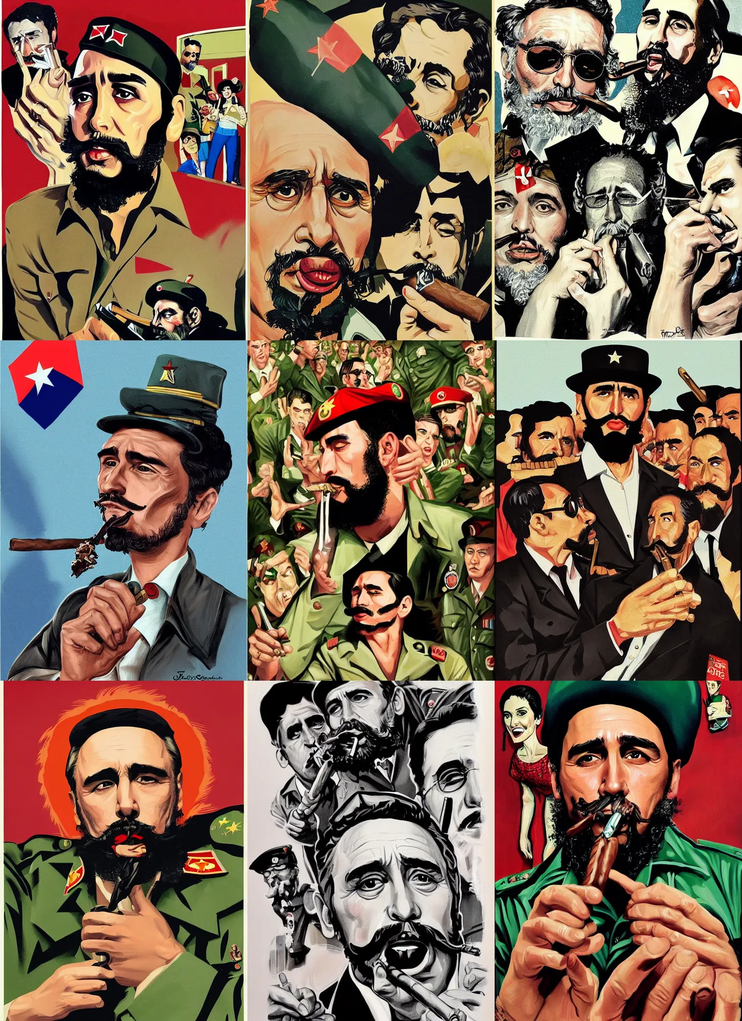 Prompt: james franco as the cuban dictator fidel castro smoking a large cigar, surrounded beautiful attentive women. lowbrow pop surrealism aesthetic, contemporary art illustration, mad magazine illustration, tom richmond illustration, mort drucker illustration