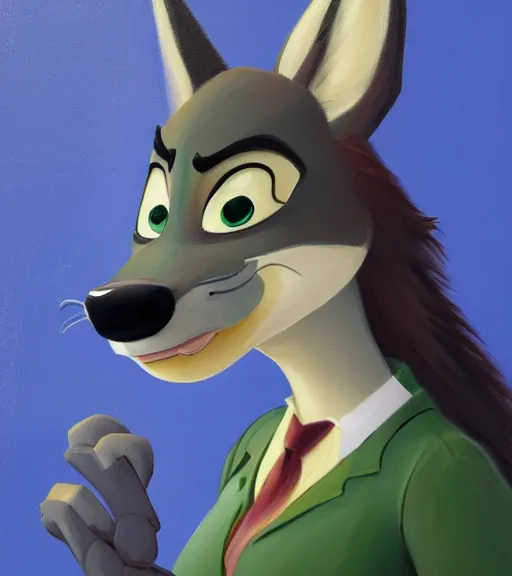 Image similar to oil painting of anthromorphic female wolf, in style of zootopia, zootopia, zootopia, fursona, furry, furaffinity, 4 k, deviantart, furry art, fursona art, wearing black business suit, business suit, in style of zootopia, wolf fursona, cyberpunk, female, expressive detailed feminine face,