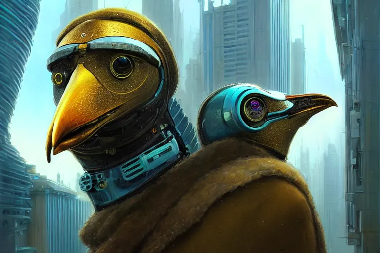 Prompt: A solarpunk very highly detailed Anthropomorphic cybertronic penguin with very highly detailed face on the street of a very highly detailed solarpunk sci-fi city digital rational painting art by Greg Rutkowski, sci-fi highly detailed, digital concept art, Dimensional cyan gold natural light, sharp focus, Golden Ratio illustration, realistic concept art by Stephen Hickman and James Gurney and Hiromasa Ogura Ghost in the Shell rendered in VRAY, From the distance