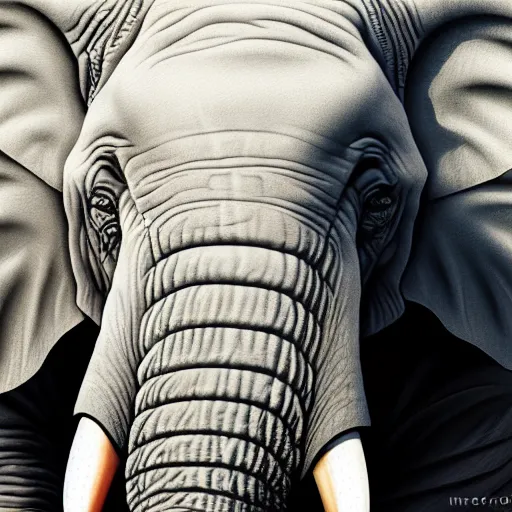 Image similar to elephant unicorn hybrid, ilustration realistic, elephant wrinkles, face close - up, 8 k.