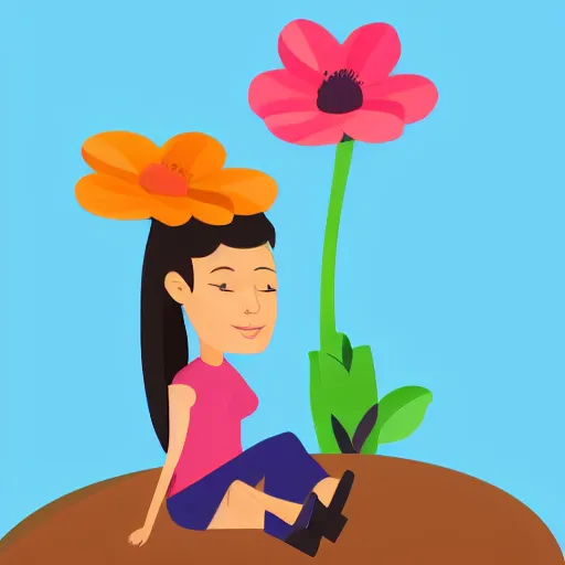 Prompt: a woman sitting on top of a giant flower, flat design, flat colors