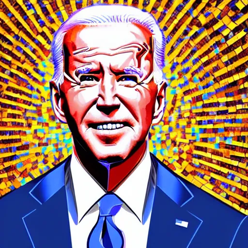 Image similar to portrait mosaic of joe biden with robot ears and eyes, 4k, intricate details, digital, sun in the background