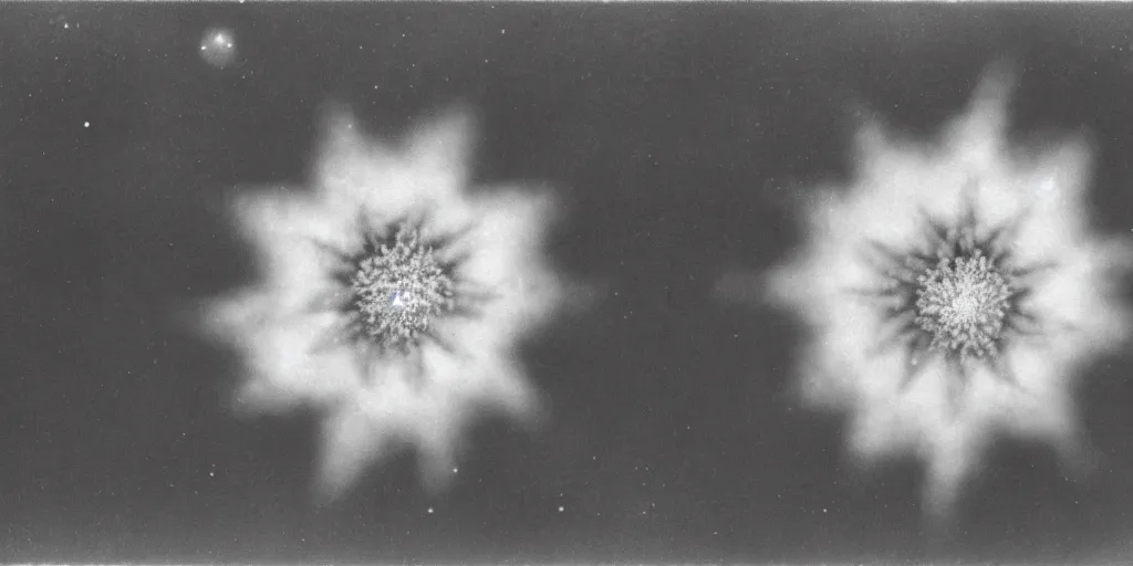 Prompt: close up photography of edelweiss flower turning into stars and universe, 1. 2 f, 3 5 mm, dark, eerie, 1 9 2 0 s ghost photography