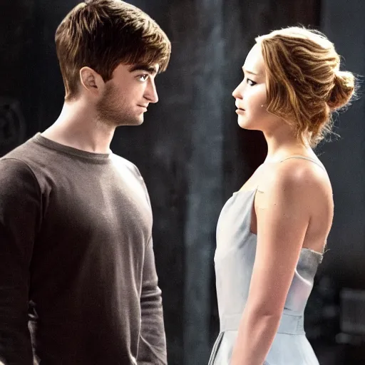 Prompt: side view of jennifer lawrence facing daniel radcliffe, sci - fi movie poster