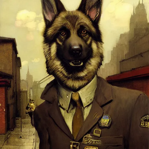 Image similar to new york city portrait of furry anthro anthropomorphic german shepard head animal person fursona wearing clothes nypd traditional police uniform in the alley, sunny day, digital art by Nerdrum John, William Waterhouse, Winslow Homer, Alex Heywood, Jordan Grimmer, Darren Quach, Greg Rutkowski, Simon Stalenhag, trending on Artstation, CGSociety