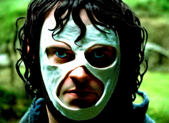 Prompt: white man with black fabric mask, short dark hair, true anatomy!, photorealistic, film still, style of lord of the ring by peter jackson - h 7 6 8