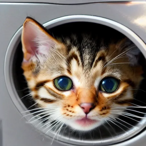 Image similar to a tabby kitten inside a kitchen oven looking at camera, close up