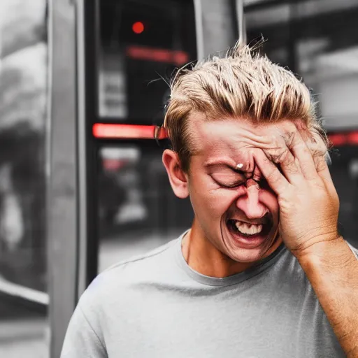 Image similar to A bogan crying because they missed the bus, Canon EOS R3, f/1.4, ISO 200, 1/160s, 8K, RAW, unedited, symmetrical balance, in-frame