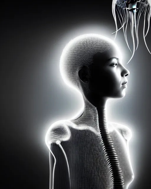 Image similar to black and white young female-cyborg-human-jellyfish-plant high quality photo, microchip, artificial intelligence, bio-mechanical bio-luminescence, black wired cables, neurons, nerve cells, octane render, cinematic, rim light, hyper realism, photo-realistic, high detail, 8k, masterpiece, high fashion, in the style of Dora Maar