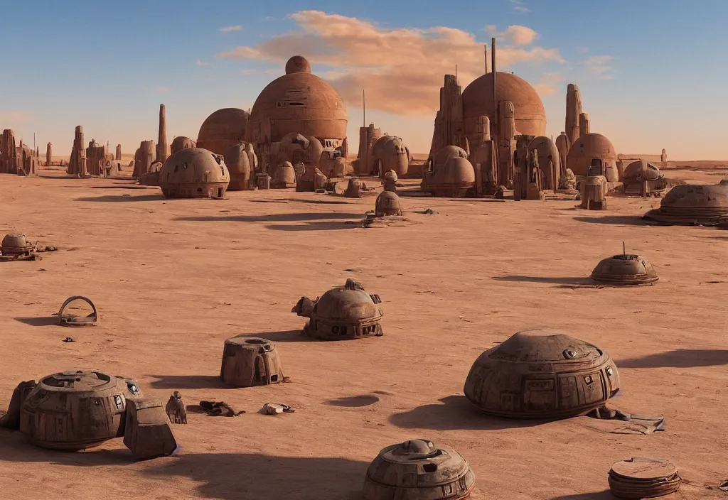 Prompt: tatooine desert town, morning, star wars