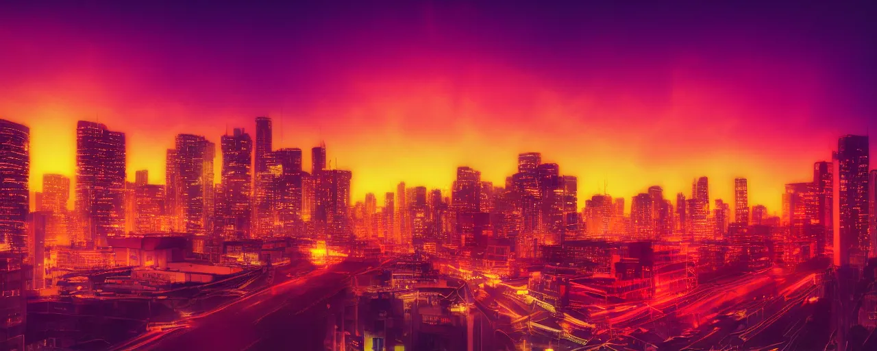 Image similar to night city, neon lights, glow, retrowave style, sunset