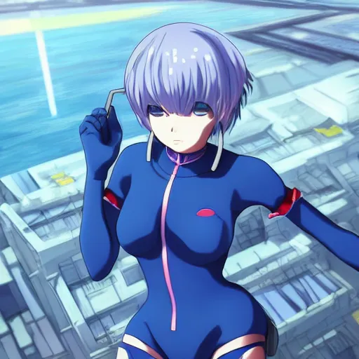 Prompt: anime art, anime fullbody shot of female rei ayanami, long blue hair and large eyes, finely detailed perfect face, in a modern skintight plugsuit, laying on a rooftop, flooded metropolis in ruins, red sea, trending on pixiv fanbox, evangelion, extremely high quality artwork by ilya kuvshinov