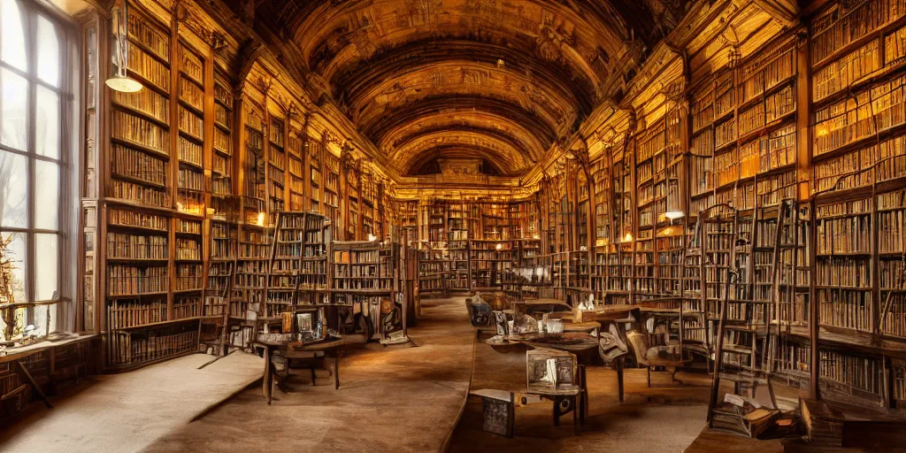 Prompt: extremely detailed wide photograph of the ancient library, atmospheric, light bloom, cozy and calm, sunlight, plants, lamps, books