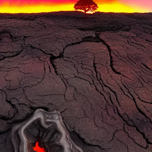 A Burning Bonsai In A Lava Filled Landscape At Sunrise 