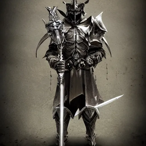 Prompt: Powerful knight, with demonic sword, standing in front of skeleton army, style from Skyrim