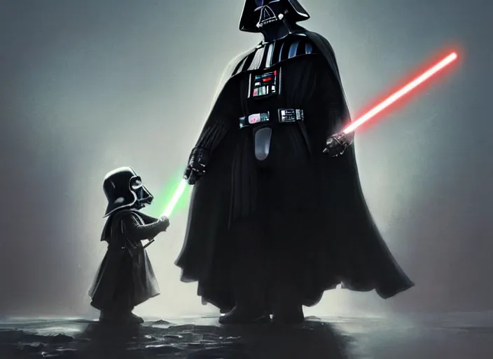 Prompt: a dramatic highly detailed render of darth vader with lightsaber drawn facing off against a cute baby, futuristic star wars vibe, by WLOP and Artgerm and Greg Rutkowski and Alphonse Mucha, Beautiful dynamic dramatic dark moody lighting, shadows, cinematic atmosphere, Artstation, concept design art, Octane render, 8K, masterpiece, sharp focus, hyperrealistic