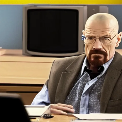 Image similar to film still of walter white talking to the camera in the office tv show. 4 k.