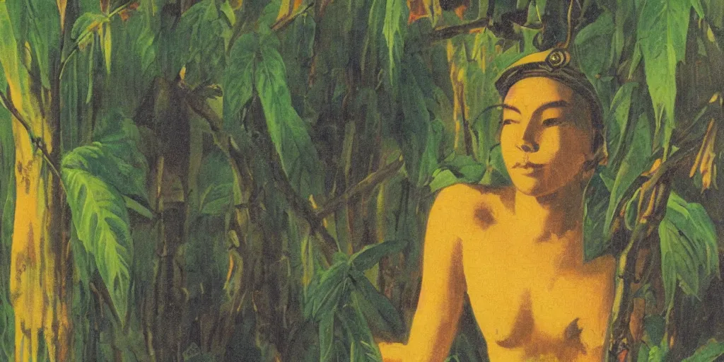 Image similar to painting of a female soldier in the rainforest at golden hour by kitano tsunetomi, 1 9 3 9