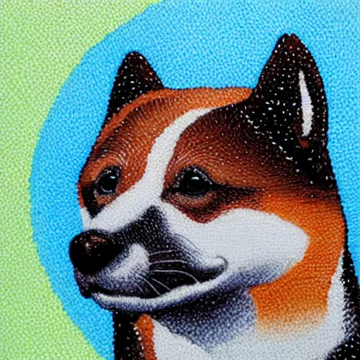 Image similar to pointillism, black and brown Shiba