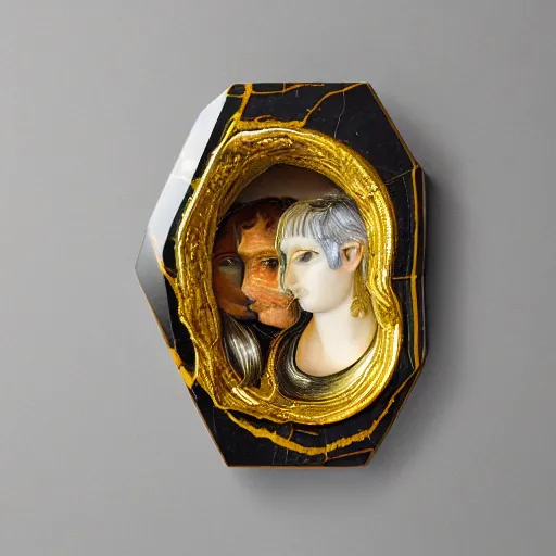 Prompt: tilt shift colossal intricate reflection refraction marble gold obsidian preraffaellite portrait photography slice