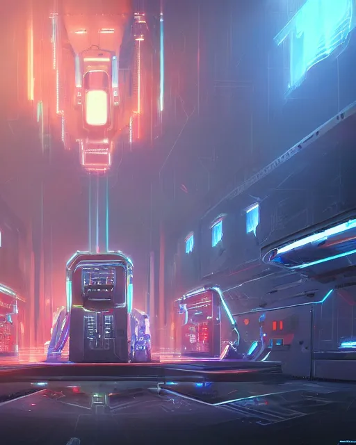 Image similar to cult of technology, exterior of scifi temple, machines, robots, ultra realistic, gaming computers, highly detailed, simulation, atmosphere, masterpiece, epic lighting, glowing wires, transparent objects, mysterious, highlighted, 4 k, cinematic, art by patryk olkiewicz and chris ostrowski and liang yao
