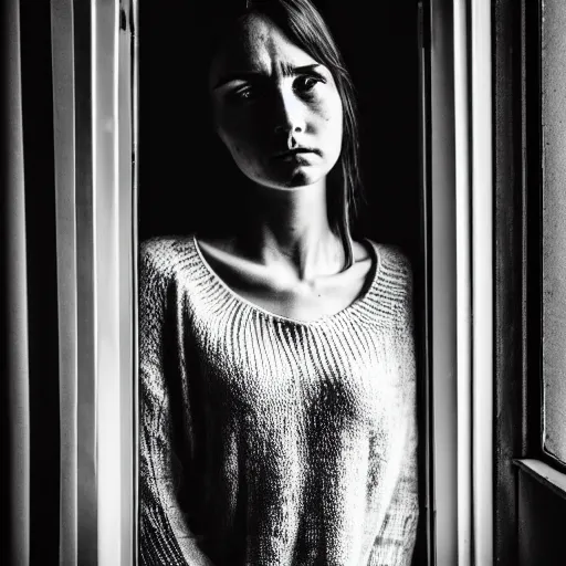 Image similar to black and white photography of highly detailed beautiful depressed Woman with detailed face in the heroine chique style standing by the window, vintage, natural light, sigma 24 f2.8