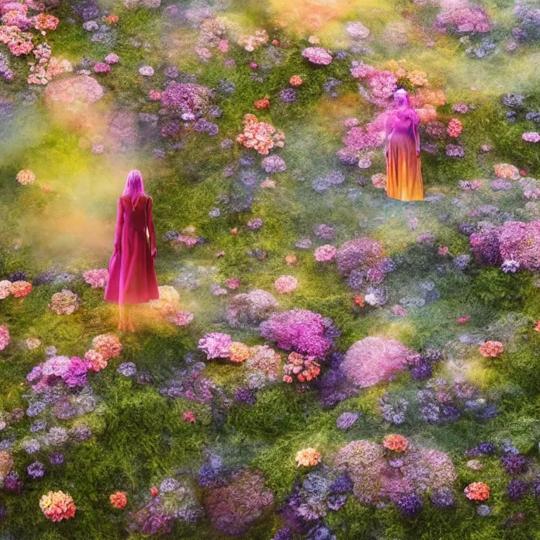 Image similar to a planet of various flowers, fungus and plants, in which the singular human figure is dressed in something magical and impressive, inside the picture is infinity, sunset light, Atmospheric phenomenon, artistic photography, muted colors, conceptual, long exposure outside the city, volumetric light