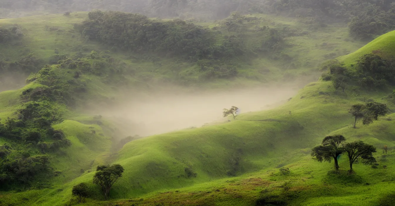 Prompt: green hills, foreground savanna tree, erosion channels river, landslide road, background mountains, early morning light fog, heavy grain, high quality,
