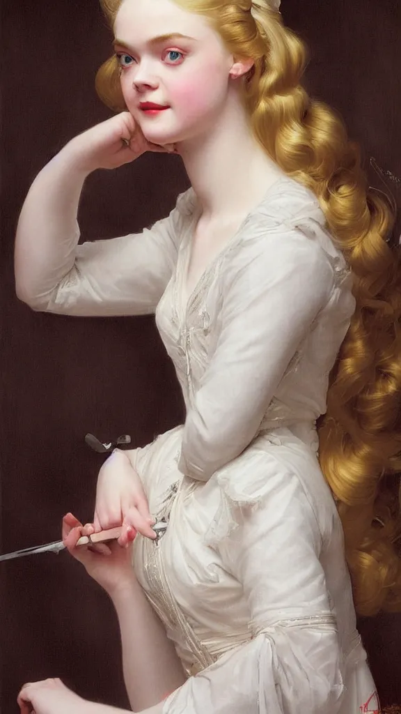 Image similar to Painting of Elle Fanning as a princess, long blonde hair, delicate, pale milky white porcelain skin, by Leyendecker and Norman Rockwell