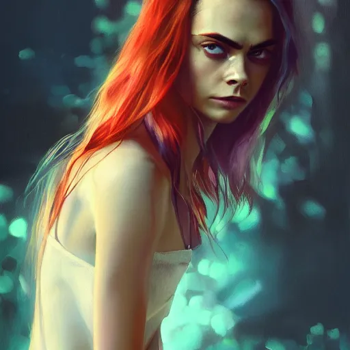 Image similar to cara delevingne, full body colorful oil painting by greg rutkowski, charlie bowater, yuumei, yanjun cheng, unreal 5, daz, hyperrealistic, octane render, rpg portrait, dynamic lighting, fantasy art, beautiful face