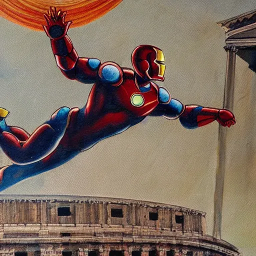 Image similar to hellenistic greece painting of ironman flying across the coliseum