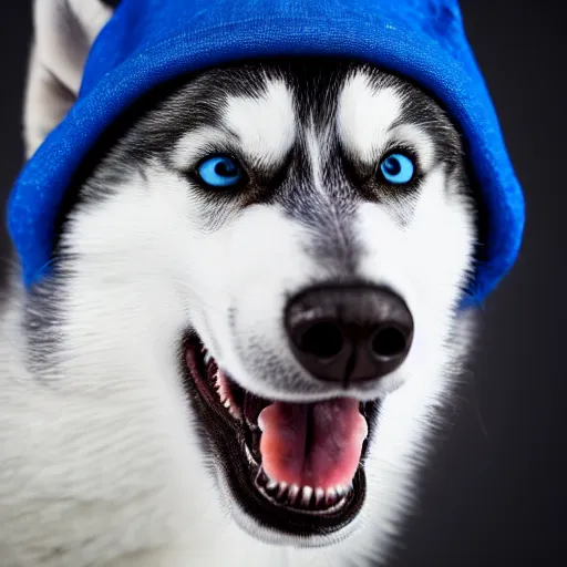 Prompt: a studio photo of a husky wearing a blue cap,photorealistic,professional photography,focus,50mm lens,hyperdetailed,studio lighting,3 point lighting,detailed face,cute