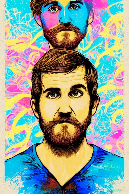Image similar to inspirational style hope poster of bo burnham with beard, psychedelic colors, highly detailed, realistic, loving, portrait by james gurney and laurie greasley