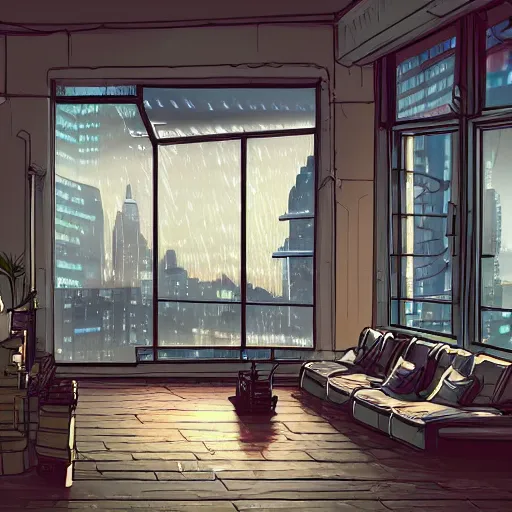 Image similar to beautiful digital illustration of loft in the evening, science fiction, cyberpunk city, rainy day outside, luxury, interior design, tall windows, trending on artstation