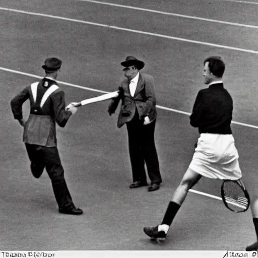 Image similar to Photograph of a tennis match between Winston Churchill and Adolf Hitler