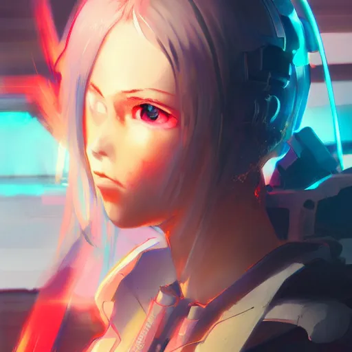 Image similar to digital cyberpunk anime character concept art gorgeous small female android cyborg - angel glowing red left eye and glowing blue right eye large angelic wings, wlop, rossdraws, sakimimichan, ilya kuvshinov, krenz cushart, greg rutkowski.