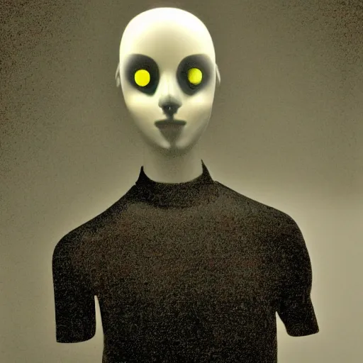 Image similar to A lightly-tanned!!!!! mannequin-esque figure with white-glowing!!!!! eyes, in a pitch black room, staring!!!!! into the camera, black!!!!! background, creepy atmosphere, eerie art style, photorealistic!!!!! facial features, close-up!!!!!, macro image!!!!!, trending on artstation, 4k, 8k