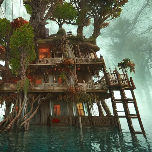 Image similar to underwater tree house, full - body : : symmetrical, eerie, insanely detailed, hypermaximalist, elegant, hyper realistic, super detailed, pastel colors, cinematic, unreal engine, 8 k,